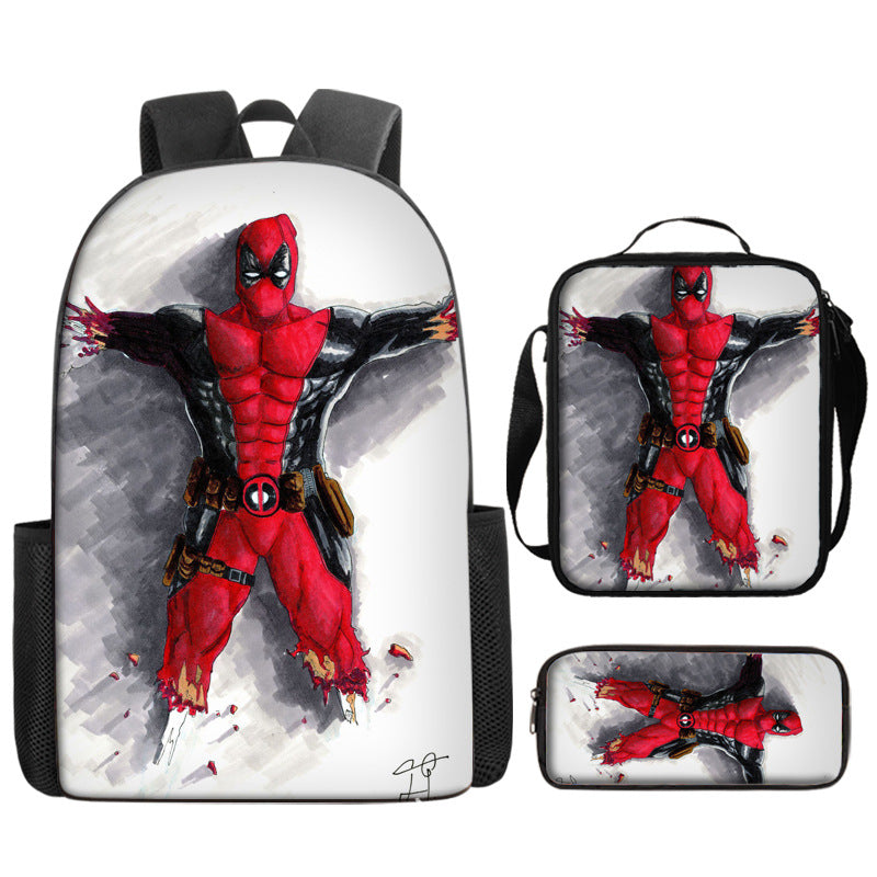 Deadpool Full Printed Backpack Schoolbag Travel Notebook Bag Lunch Bag Pencil Bag for Kids Students 3PCS