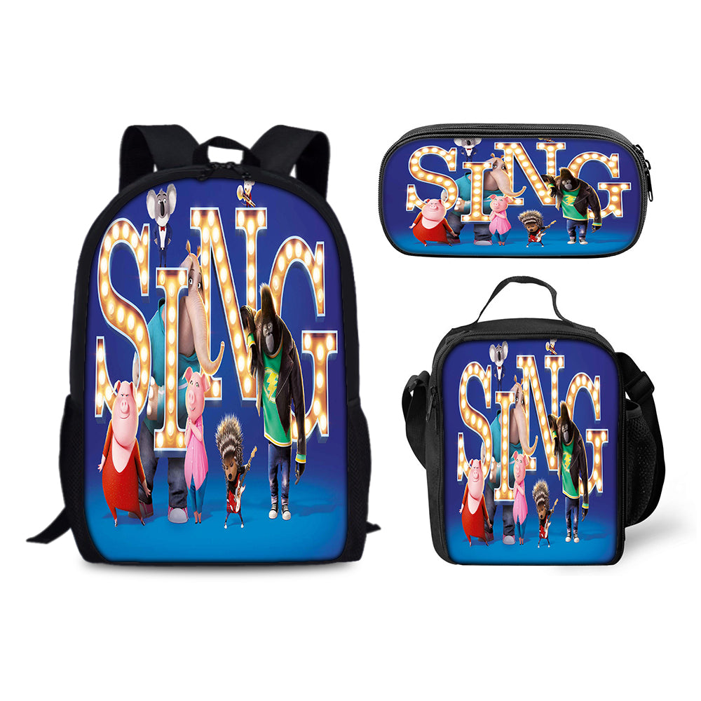 Sing Movie Backpack Schoolbag Lunch Bag Pencil Bag for Kids Students 3PCS