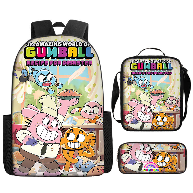 The Amazing World of Gumball Full Printed Backpack Schoolbag Travel Notebook Bag Lunch Bag Pencil Bag for Kids Students 3PCS