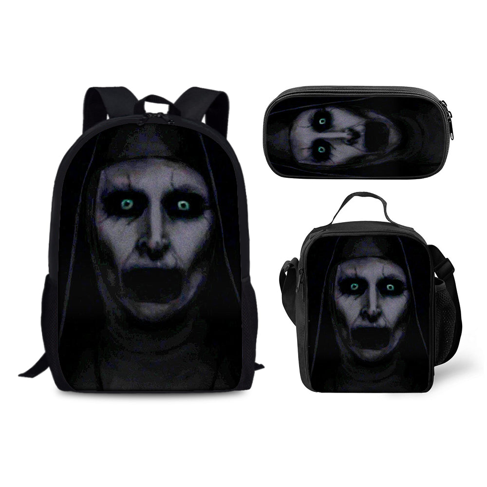 Nun Scary Movie Backpack Schoolbag Lunch Bag Pencil Bag for Kids Students 3PCS