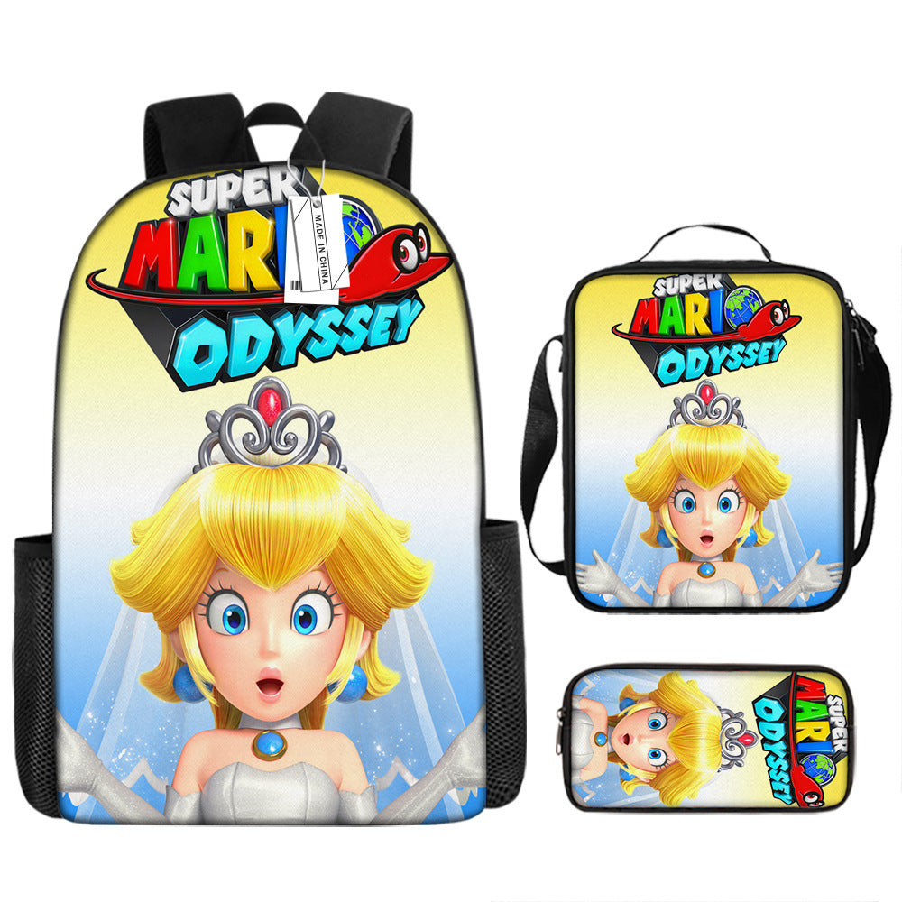 Mario Princess Peach Full Printed Backpack Schoolbag Travel Notebook Bag Lunch Bag Pencil Bag for Kids Students 3PCS