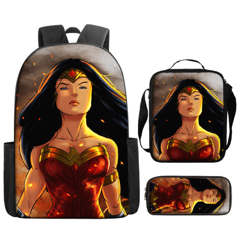 Wonder Woman Full Printed Backpack Schoolbag Travel Notebook Bag Lunch Bag Pencil Bag for Kids Students 3PCS