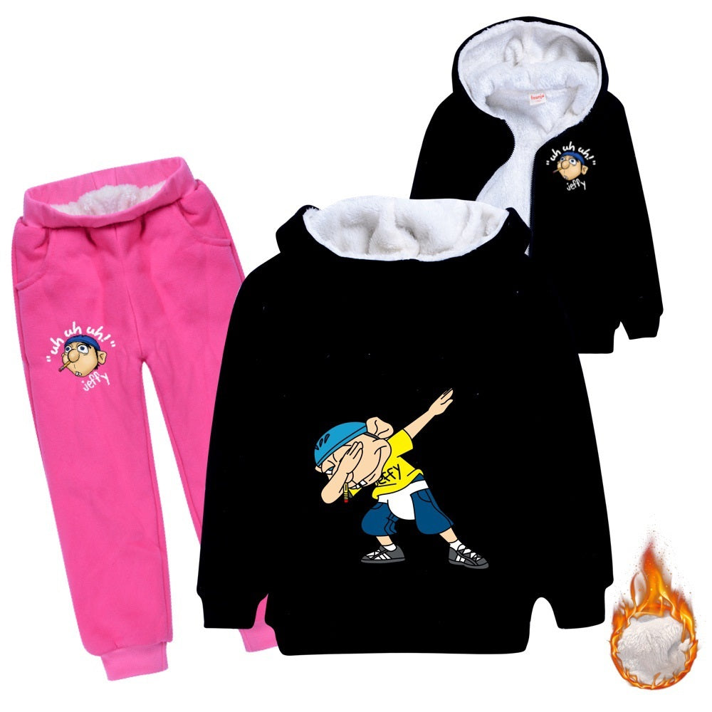 Jeffy Sherpa Lined Hoodie Fleece Sweatshirt Pants Full Set for Kids