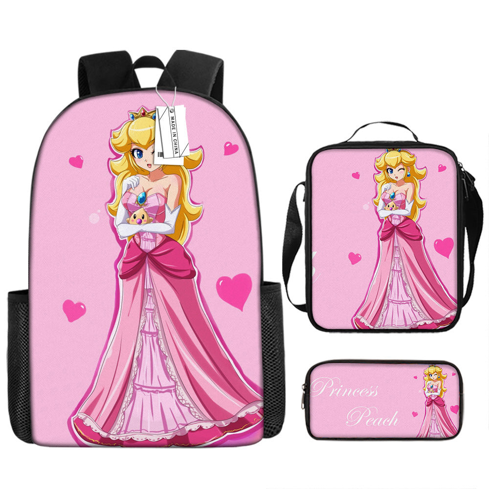 Mario Princess Peach Full Printed Backpack Schoolbag Travel Notebook Bag Lunch Bag Pencil Bag for Kids Students 3PCS