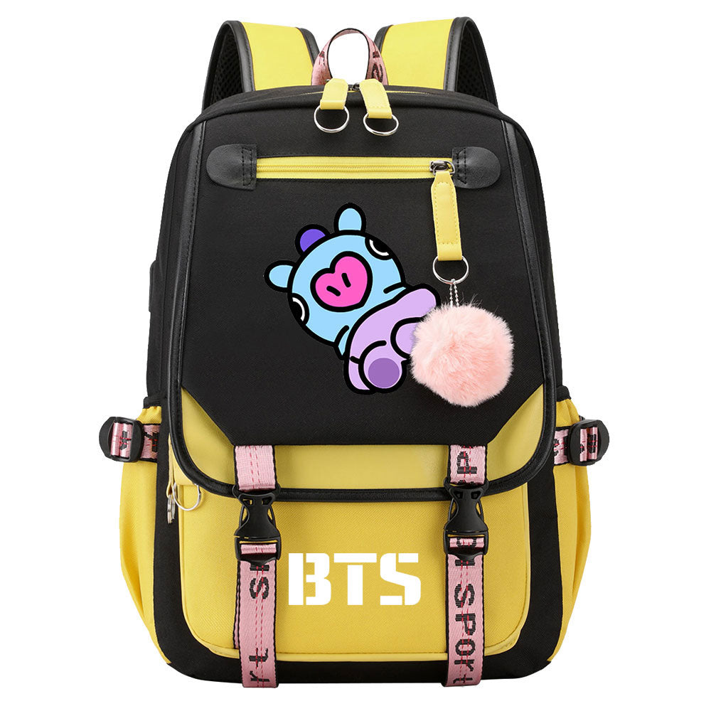 BTS Mang Waterproof Backpack School Notebook Travel Bag USB Charging