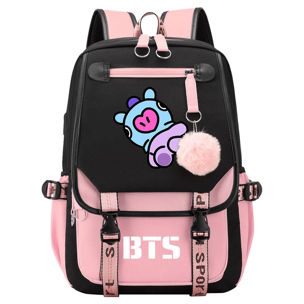 BTS Mang Waterproof Backpack School Notebook Travel Bag USB Charging
