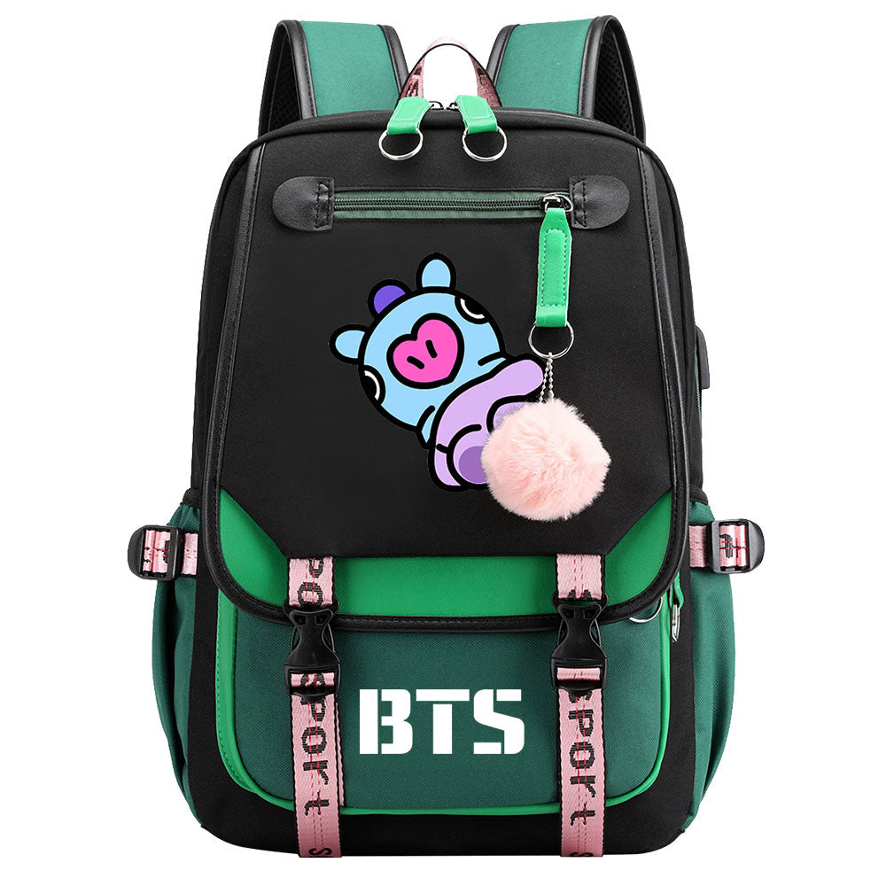 BTS Mang Waterproof Backpack School Notebook Travel Bag USB Charging