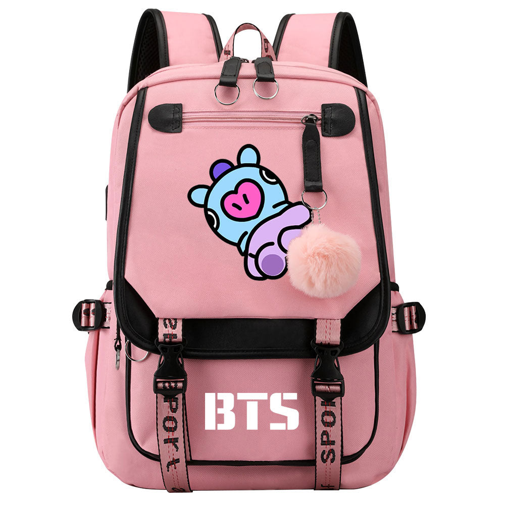 BTS Mang Waterproof Backpack School Notebook Travel Bag USB Charging