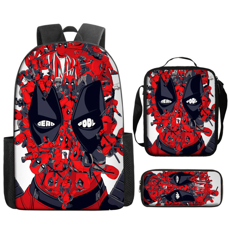 Deadpool Full Printed Backpack Schoolbag Travel Notebook Bag Lunch Bag Pencil Bag for Kids Students 3PCS