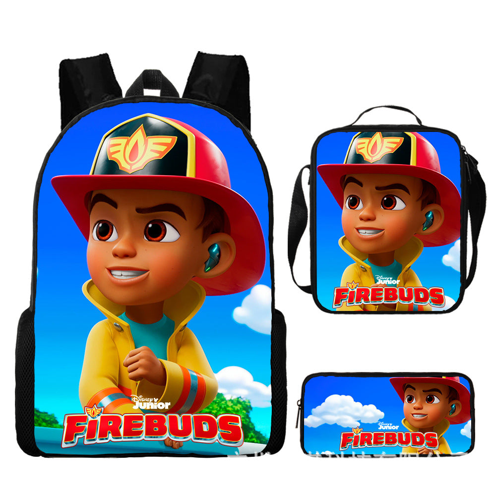 Firebuds Full Printed Backpack Schoolbag Travel Notebook Bag Lunch Bag Pencil Bag for Kids Students 3PCS