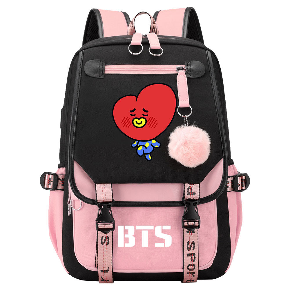 BTS TATA Waterproof Backpack School Notebook Travel Bag USB Charging