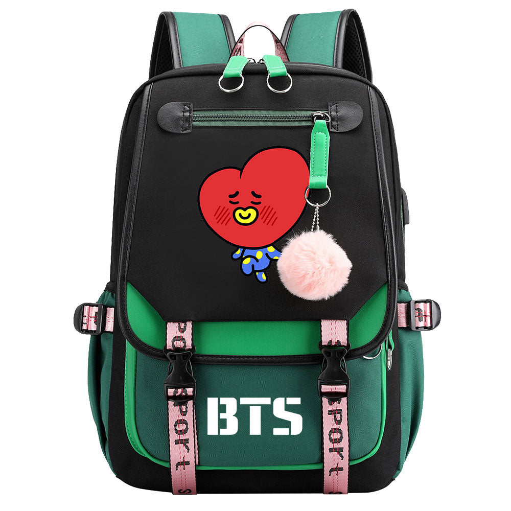 BTS TATA Waterproof Backpack School Notebook Travel Bag USB Charging
