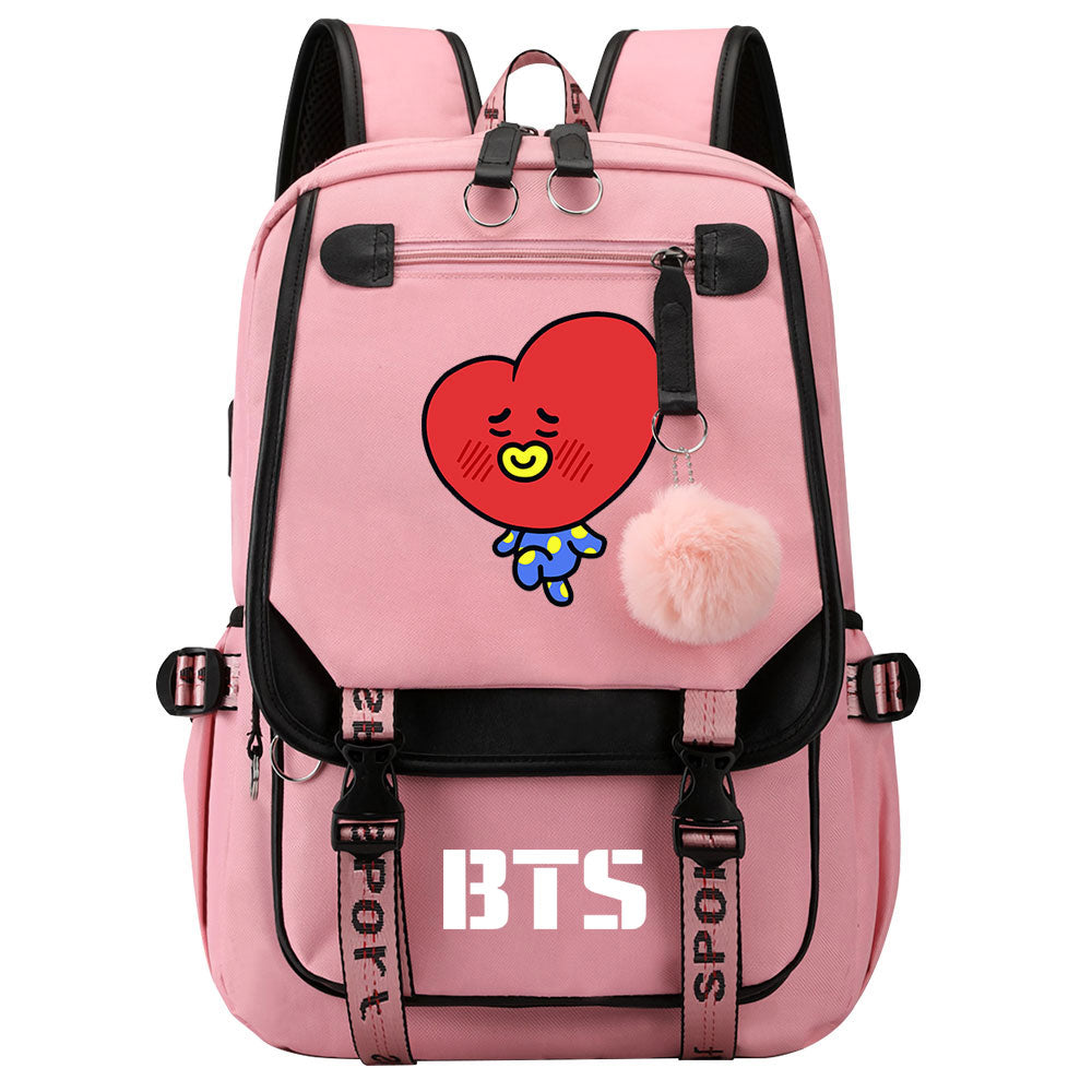 BTS TATA Waterproof Backpack School Notebook Travel Bag USB Charging