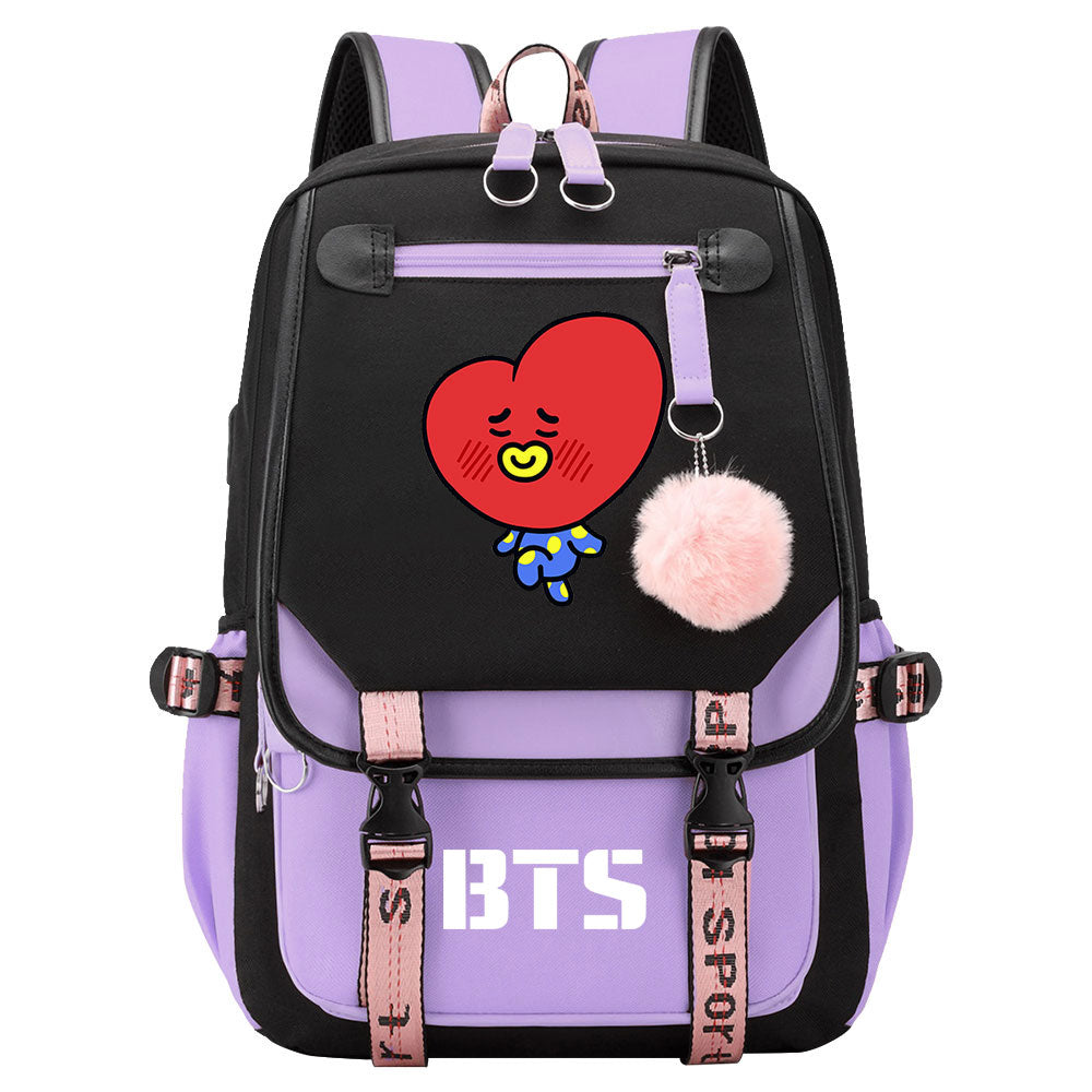 BTS TATA Waterproof Backpack School Notebook Travel Bag USB Charging