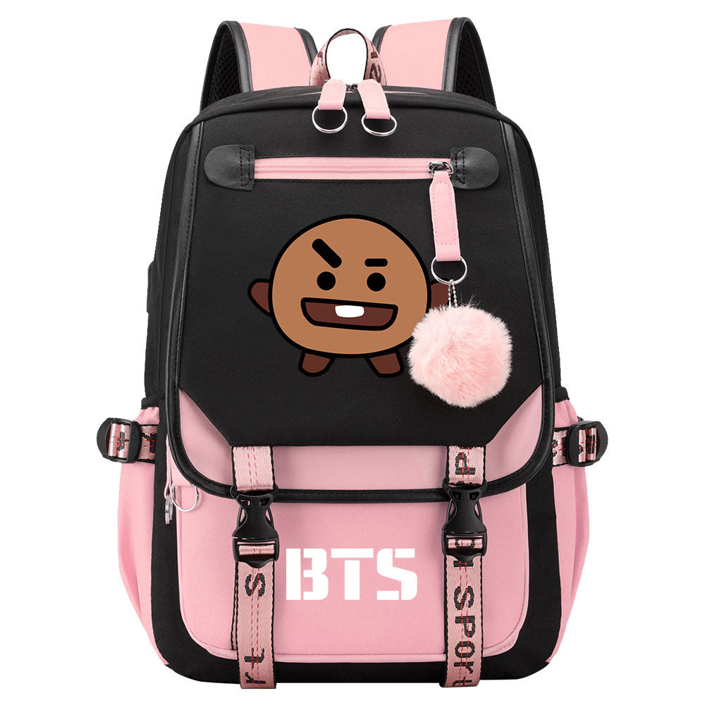 BTS Shooky Waterproof Backpack School Notebook Travel Bag USB Charging