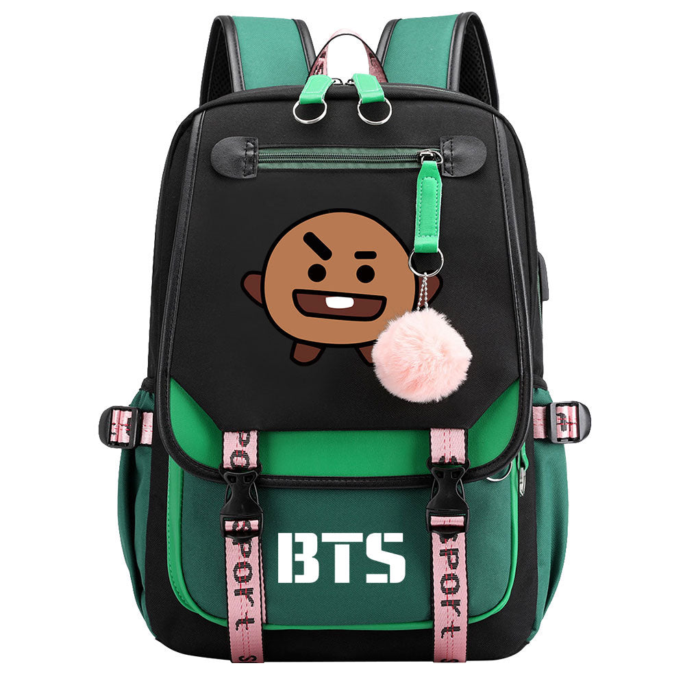 BTS Shooky Waterproof Backpack School Notebook Travel Bag USB Charging
