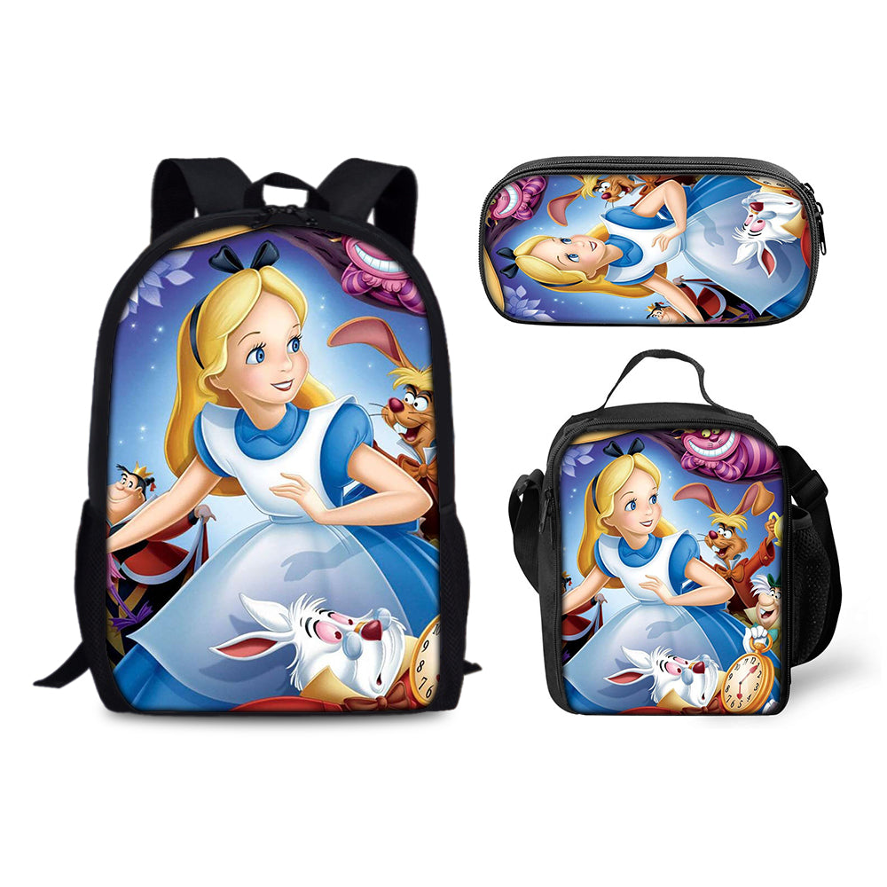 Alice Adventures in Wonderland Backpack Schoolbag Lunch Bag Pencil Bag for Kids Students 3PCS