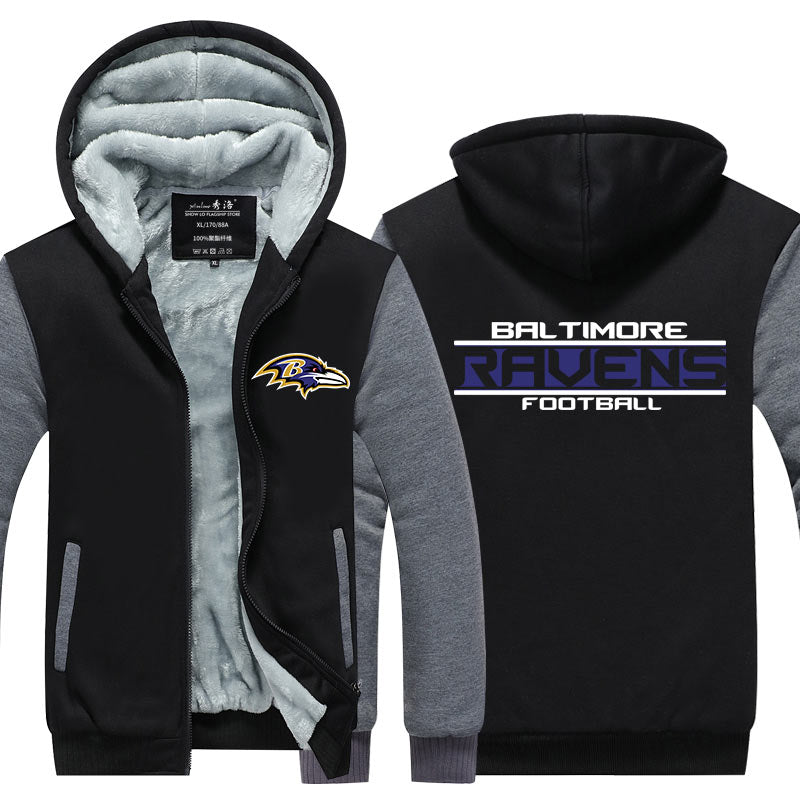 Baltimore Football Team Ravens Unisex Lined Hoodie Fleece Sweatshirt Full Zipper Hooded Thicken Jacket