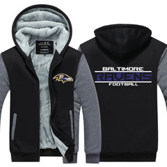 Baltimore Football Team Ravens Unisex Lined Hoodie Fleece Sweatshirt Full Zipper Hooded Thicken Jacket