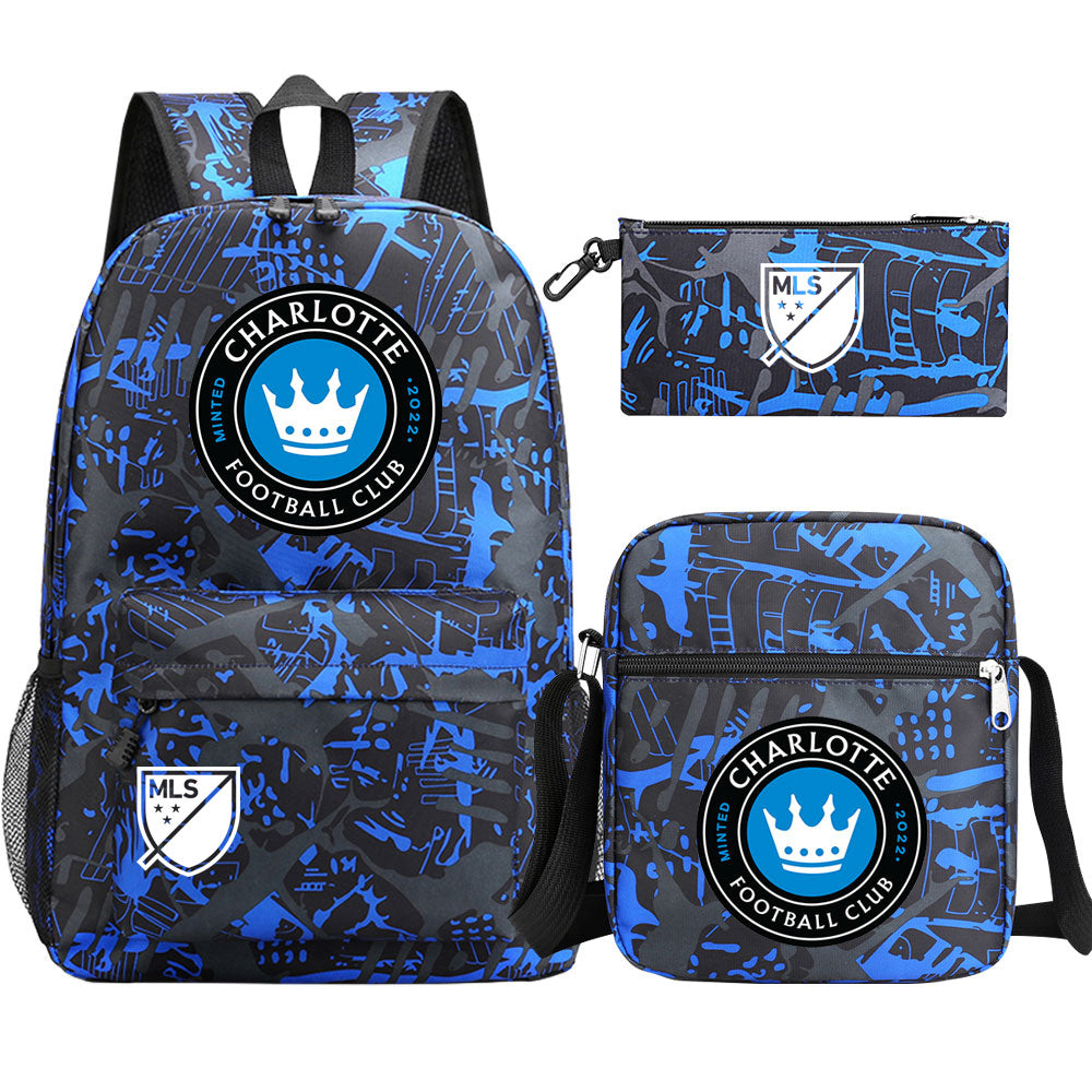 Charlotte Soccer Printed Schoolbag Backpack Shoulder Bag Pencil Bag 3pcs set for Kids Students