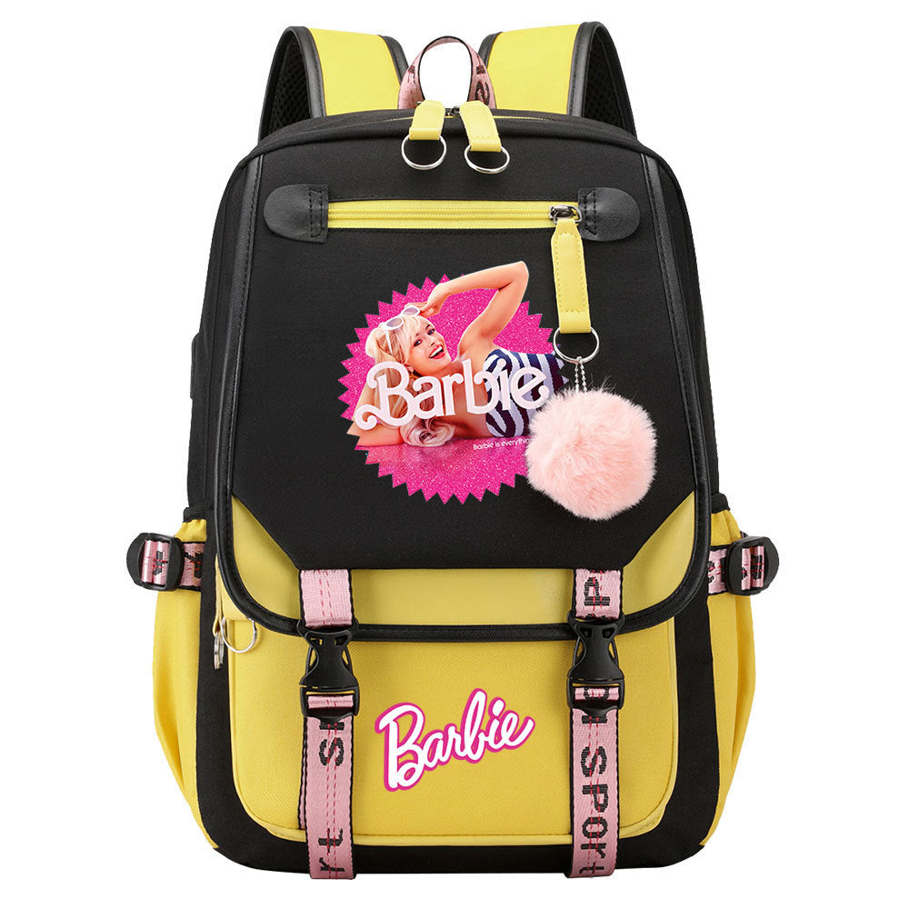 Pink Barbie  Waterproof Backpack School Notebook Travel Bags USB Charging