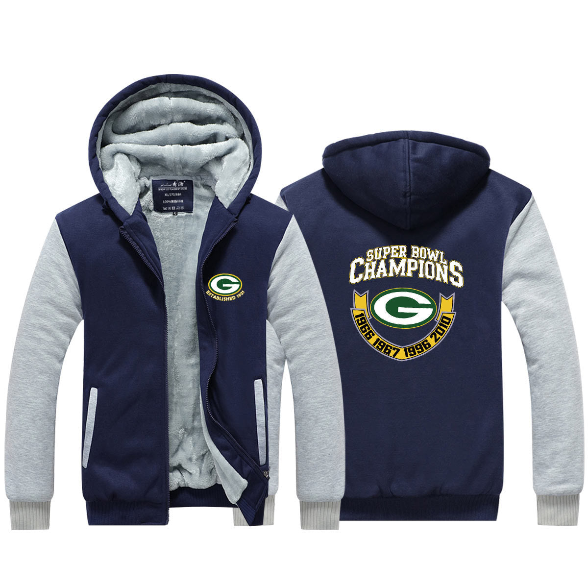 Green Bay Football Packers  Unisex Lined Hoodie Fleece Sweatshirt Full Zipper Hooded Thicken Jacket