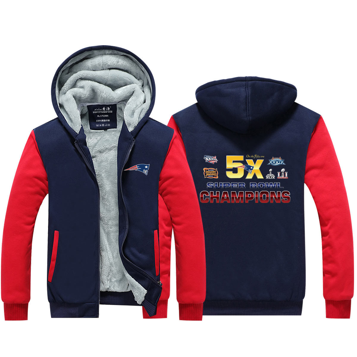 New England  Football Patriots Unisex Lined Hoodie Fleece Sweatshirt Full Zipper Hooded Thicken Jacket