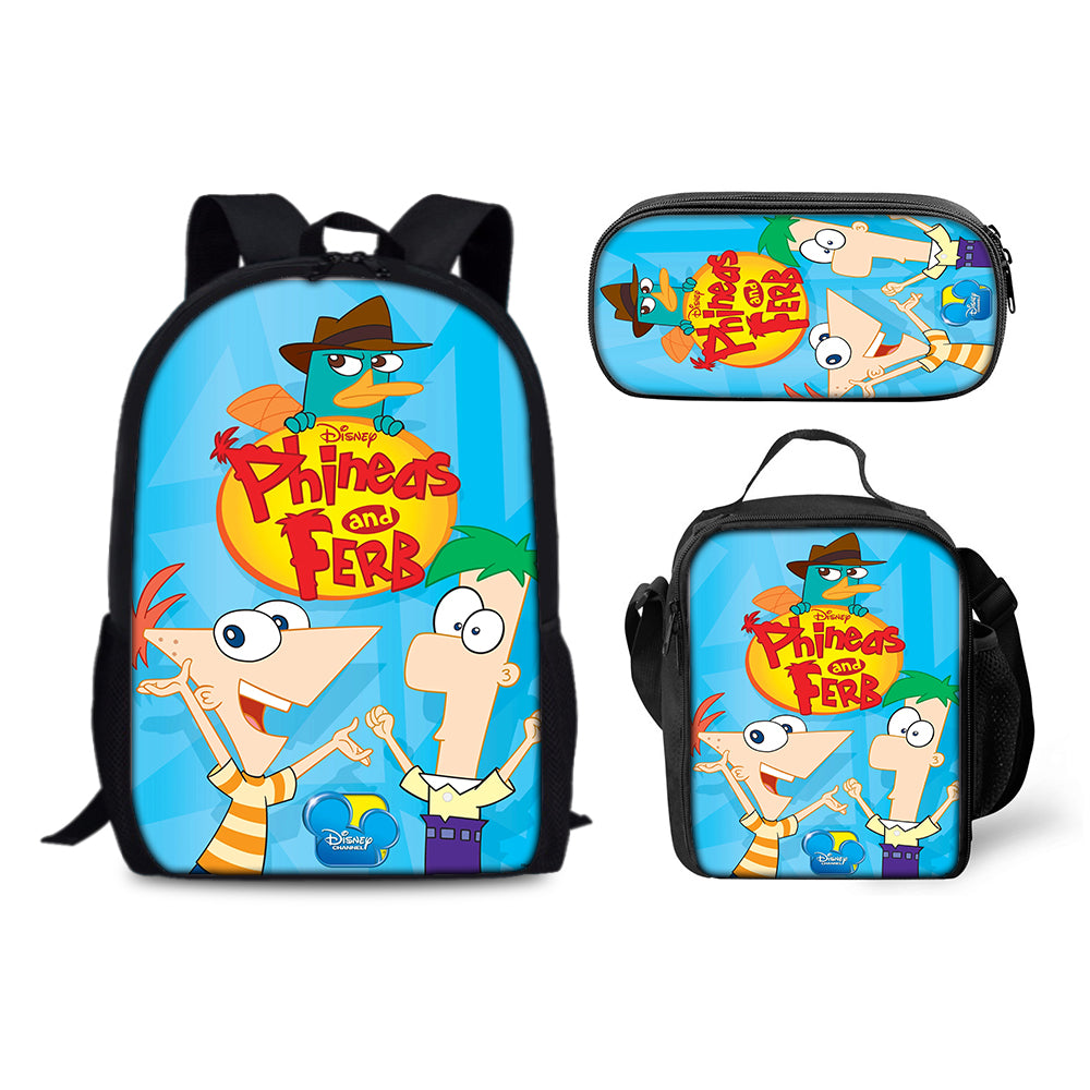 Phineas and Ferb Backpack Schoolbag Lunch Bag Pencil Bag for Kids Students 3PCS