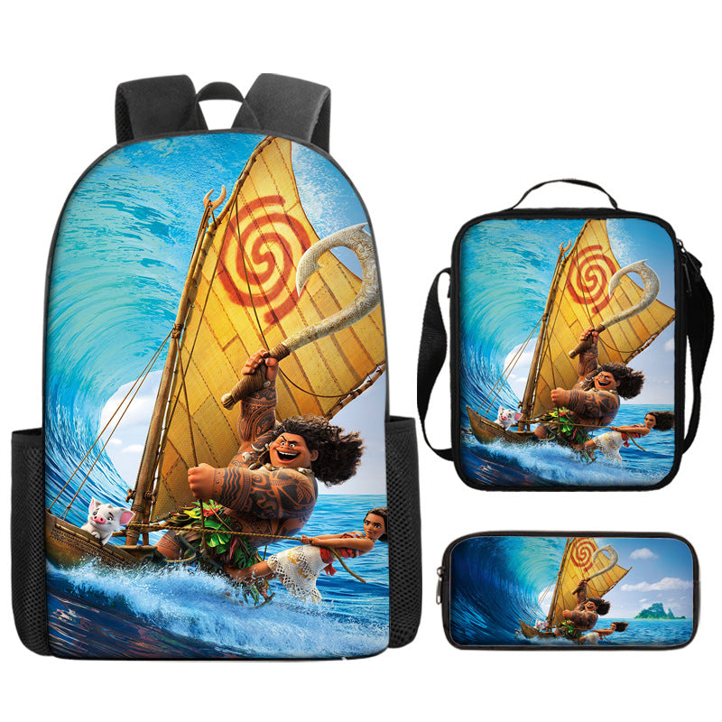 Moana Full Printed Backpack Schoolbag Travel Notebook Bag Lunch Bag Pencil Bag for Kids Students 3PCS