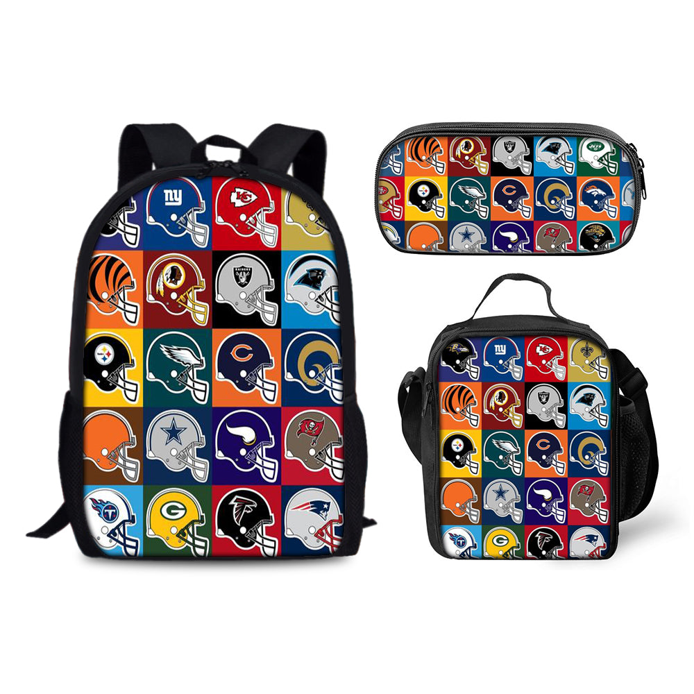 Football Team Backpack Schoolbag Lunch Bag Pencil Bag for Kids Students 3PCS