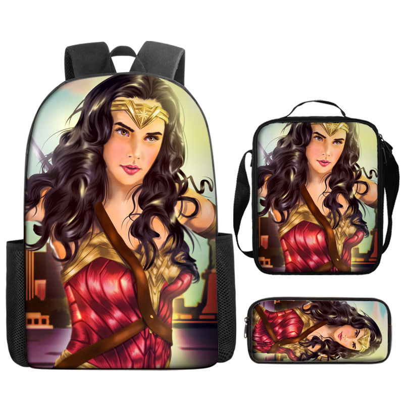 Wonder Woman Full Printed Backpack Schoolbag Travel Notebook Bag Lunch Bag Pencil Bag for Kids Students 3PCS