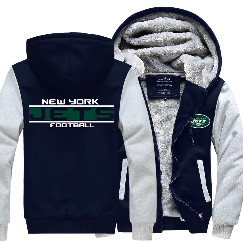 New York Football Team Jets Unisex Lined Hoodie Fleece Sweatshirt Full Zipper Hooded Thicken Jacket