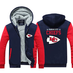 Kansas City Football Chiefs Unisex Lined Hoodie Fleece Sweatshirt Full Zipper Hooded Thicken Jacket