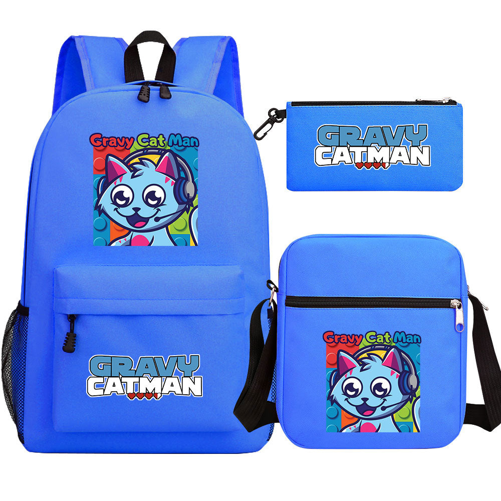 Gravy Cat Man Printed Schoolbag Backpack Shoulder Bag Pencil Bag 3pcs set for Kids Students