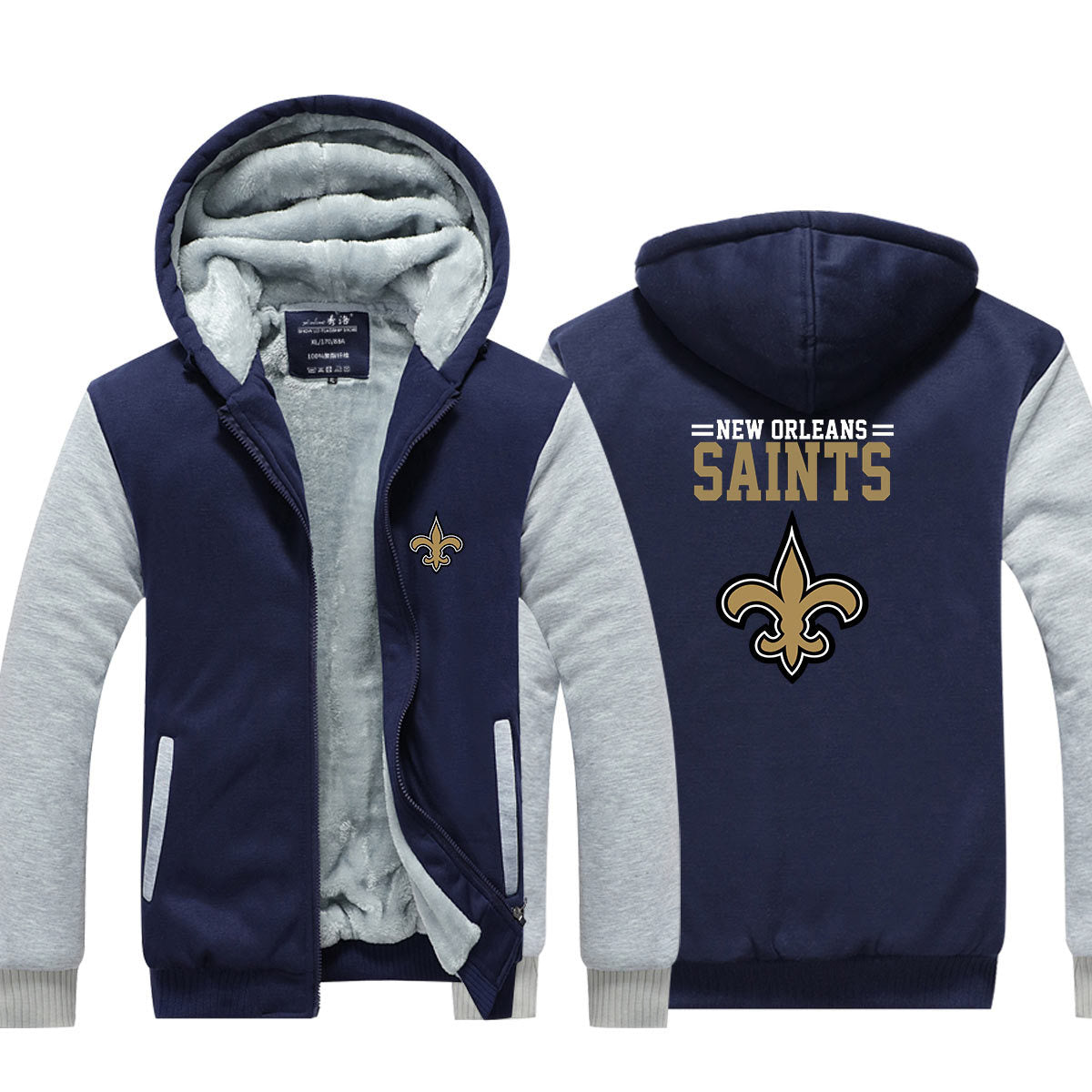 New Orleans Football Saints  Unisex Lined Hoodie Fleece Sweatshirt Full Zipper Hooded Thicken Jacket