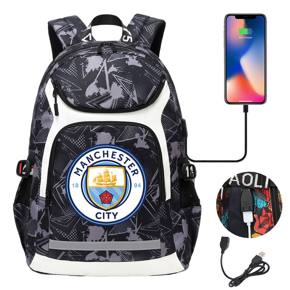 Manchester City Football Club USB Charging Backpack School Notebook Travel Bags