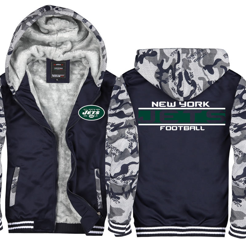 New York Football Team Jets Unisex Lined Hoodie Fleece Sweatshirt Full Zipper Hooded Thicken Jacket