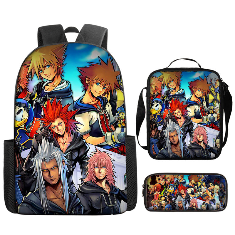 Kingdom Hearts Full Printed Backpack Schoolbag Travel Notebook Bag Lunch Bag Pencil Bag for Kids Students 3PCS