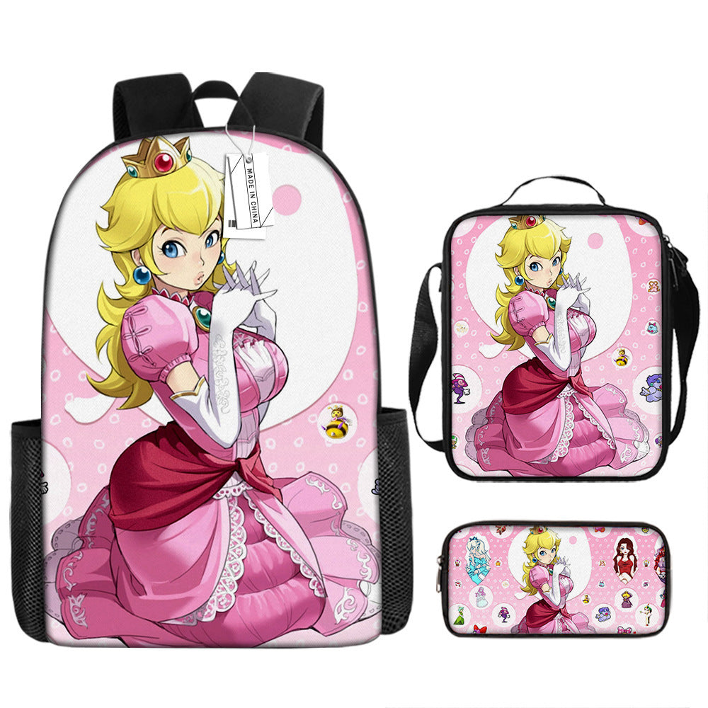 Mario Princess Peach Full Printed Backpack Schoolbag Travel Notebook Bag Lunch Bag Pencil Bag for Kids Students 3PCS