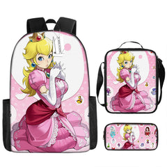 Mario Princess Peach Full Printed Backpack Schoolbag Travel Notebook Bag Lunch Bag Pencil Bag for Kids Students 3PCS