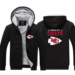 Kansas City Football Chiefs Unisex Lined Hoodie Fleece Sweatshirt Full Zipper Hooded Thicken Jacket