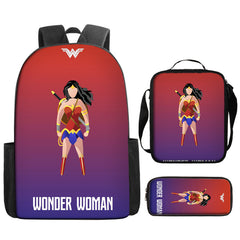 Wonder Woman Full Printed Backpack Schoolbag Travel Notebook Bag Lunch Bag Pencil Bag for Kids Students 3PCS