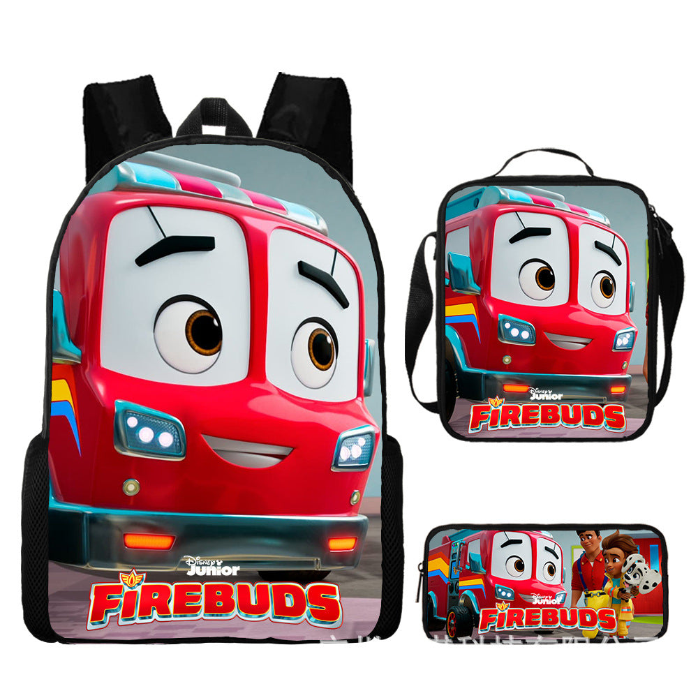 Firebuds Full Printed Backpack Schoolbag Travel Notebook Bag Lunch Bag Pencil Bag for Kids Students 3PCS