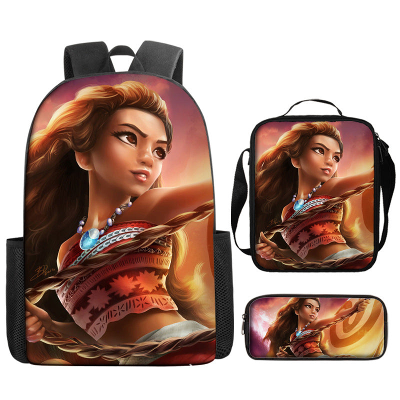 Moana Full Printed Backpack Schoolbag Travel Notebook Bag Lunch Bag Pencil Bag for Kids Students 3PCS