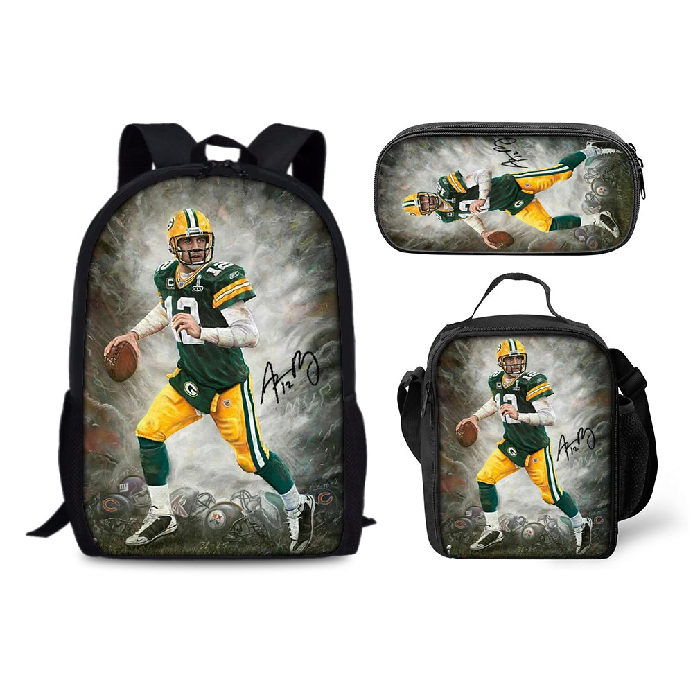 Green Bay Packers Football Team Backpack Schoolbag Lunch Bag Pencil Bag for Kids Students 3PCS