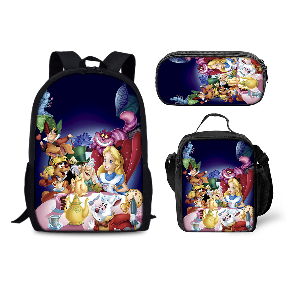 Alice Adventures in Wonderland Backpack Schoolbag Lunch Bag Pencil Bag for Kids Students 3PCS