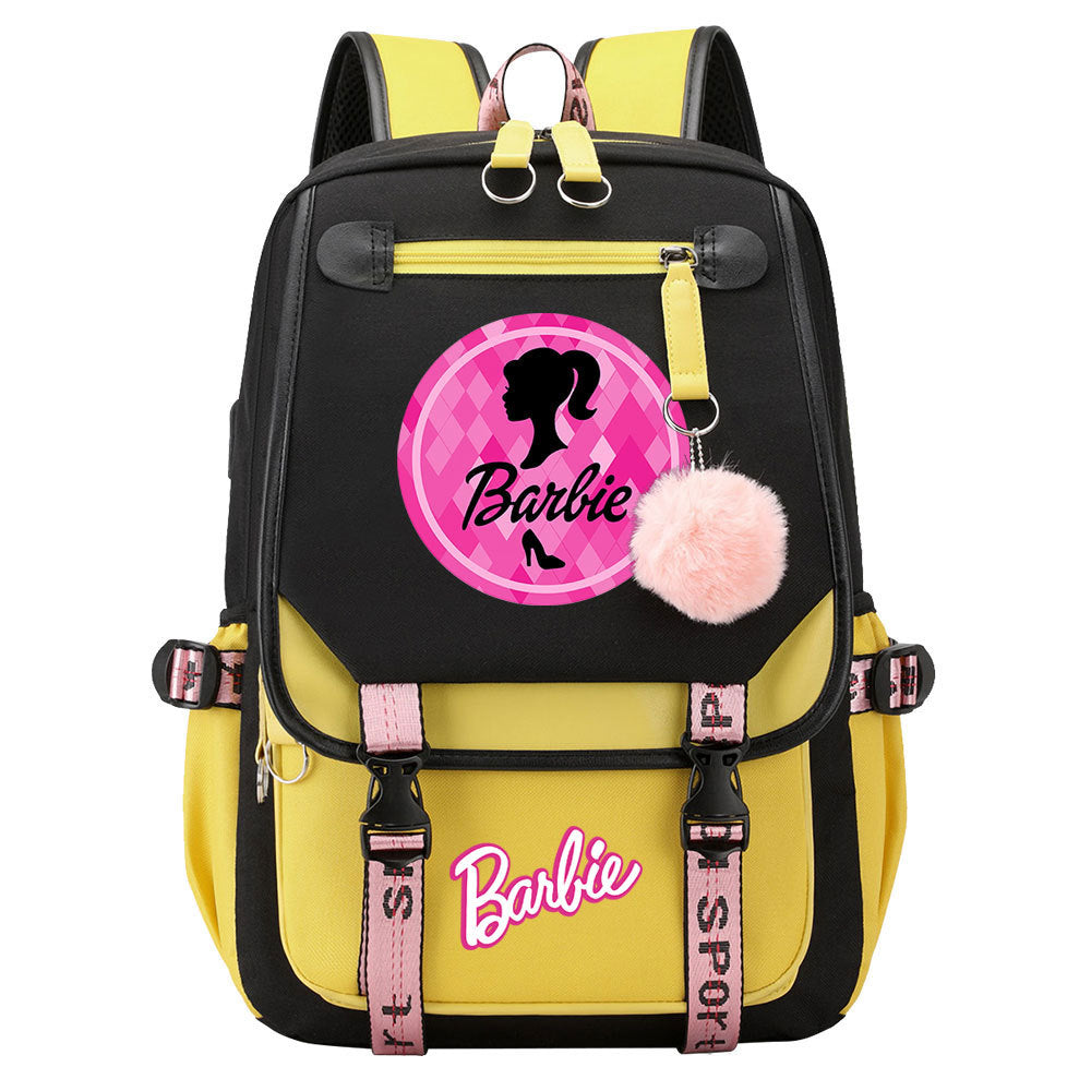 Pink Barbie  Waterproof Backpack School Notebook Travel Bags USB Charging