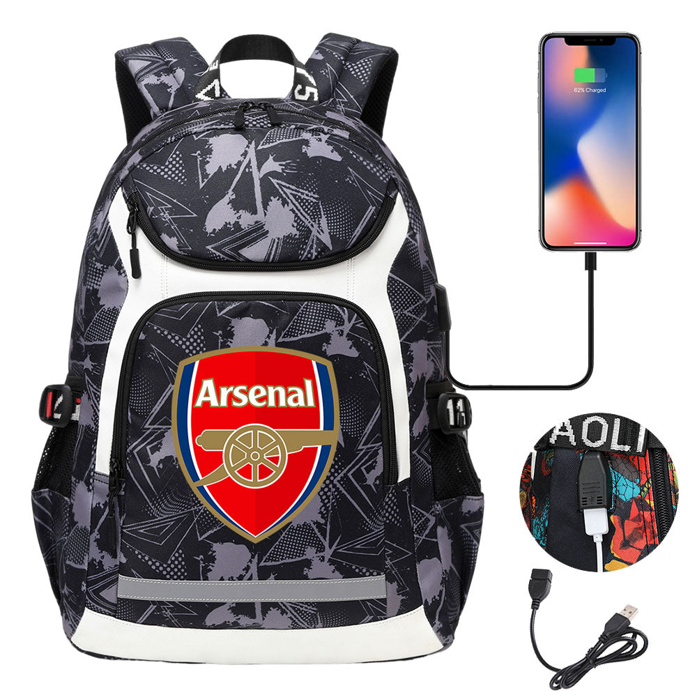 Arsenal Football Club USB Charging Backpack School Notebook Travel Bags