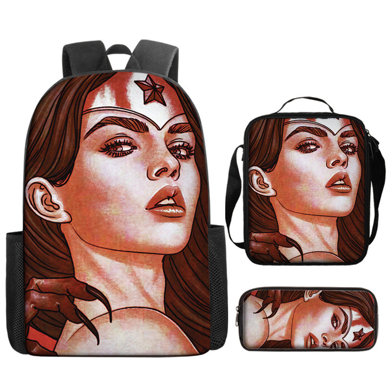 Wonder Woman Full Printed Backpack Schoolbag Travel Notebook Bag Lunch Bag Pencil Bag for Kids Students 3PCS