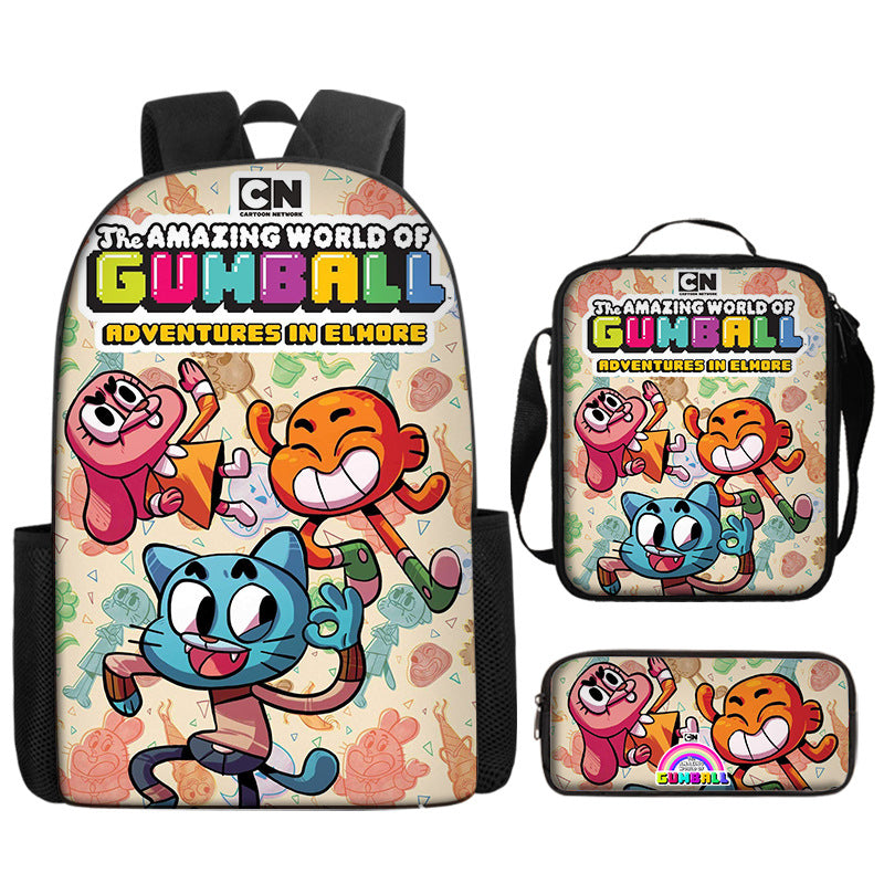 The Amazing World of Gumball Full Printed Backpack Schoolbag Travel Notebook Bag Lunch Bag Pencil Bag for Kids Students 3PCS